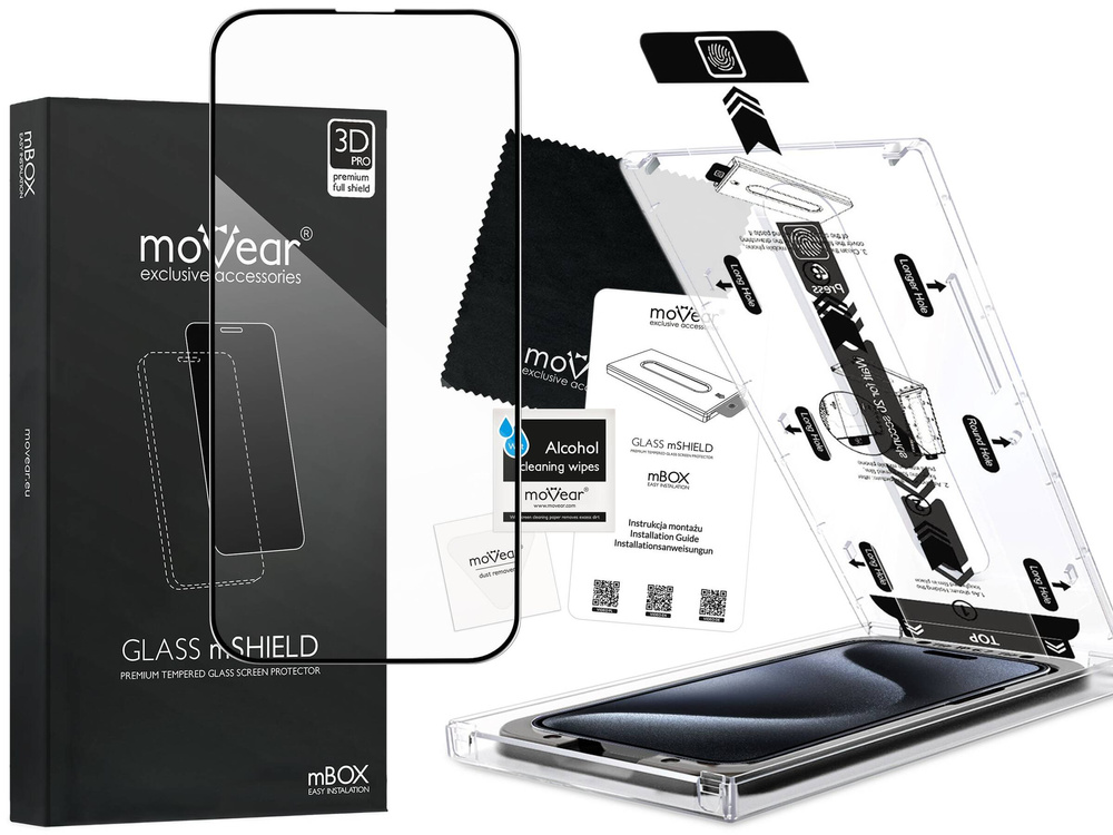 moVear mBOX GLASS mSHIELD 3D PRO do Apple iPhone 15 Pro Max (6.7") (łatwy montaż)