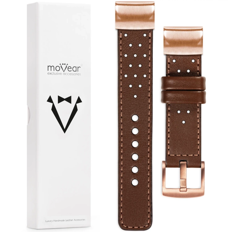 moVear Prestige R2 Skórzany pasek do Garmin QuickFit 20mm (Fenix / Instinct - 43/42/40mm) | Ciemnobrązowy, różowe złoto przeszycie [rozmiary XS-XXL i klamra do wyboru]