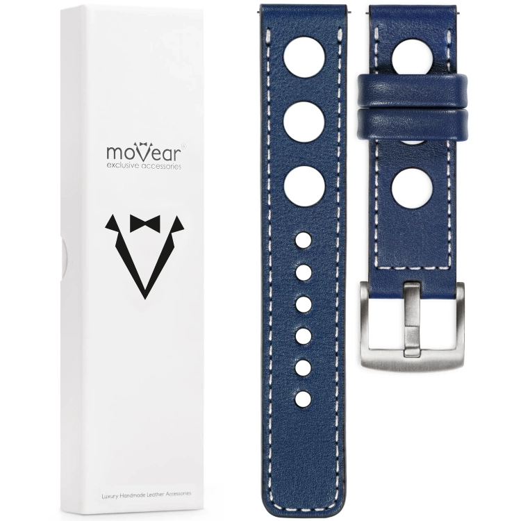 moVear Prestige R1 Skórzany pasek 22mm do zegarka | Granatowy, białe przeszycie [rozmiary XS-XXL i klamra do wyboru]