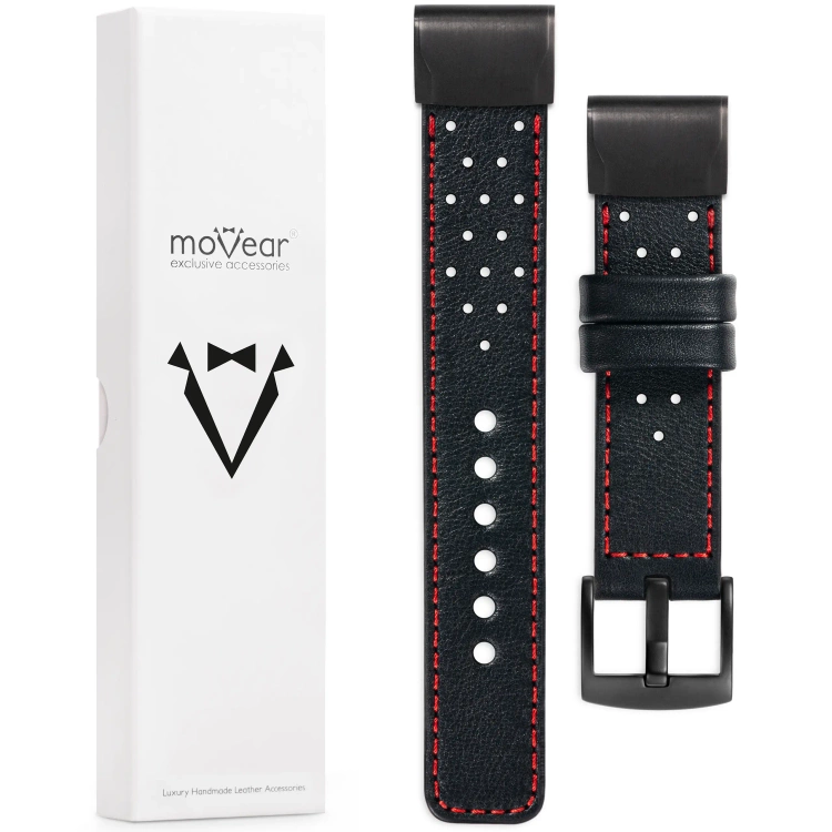 moVear Prestige R2 Skórzany pasek do Garmin QuickFit 20mm (Fenix / Instinct - 43/42/40mm) | Czarny, czerwone przeszycie [rozmiary XS-XXL i klamra do wyboru]