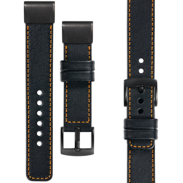 moVear Prestige C1 Skórzany pasek do Garmin QuickFit 26mm (Fenix / Epix / Quatix / Tactix / Enduro - 51mm) | Czarny, pomarańczowe przeszycie [rozmiary XS-XXL i klamra do wyboru]