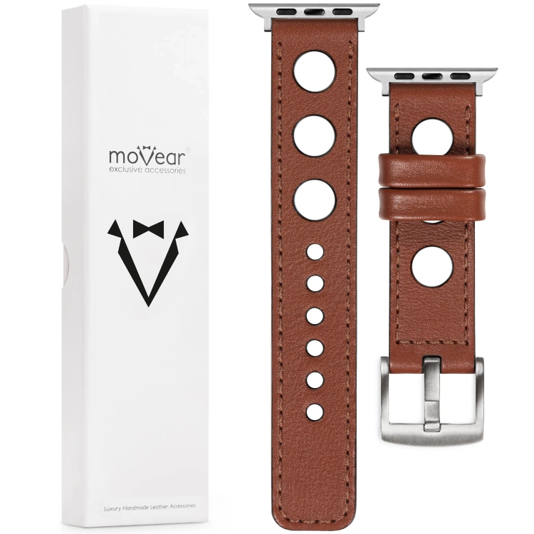 moVear Prestige R1 Skórzany pasek 24mm do Apple Watch 10 / 9 / 8 / 7 / 6 / 5 / 4 / SE (46/45/44mm) & Ultra (49mm) | Brązowy, brązowe przeszycie [rozmiary XS-XXL i klamra do wyboru]