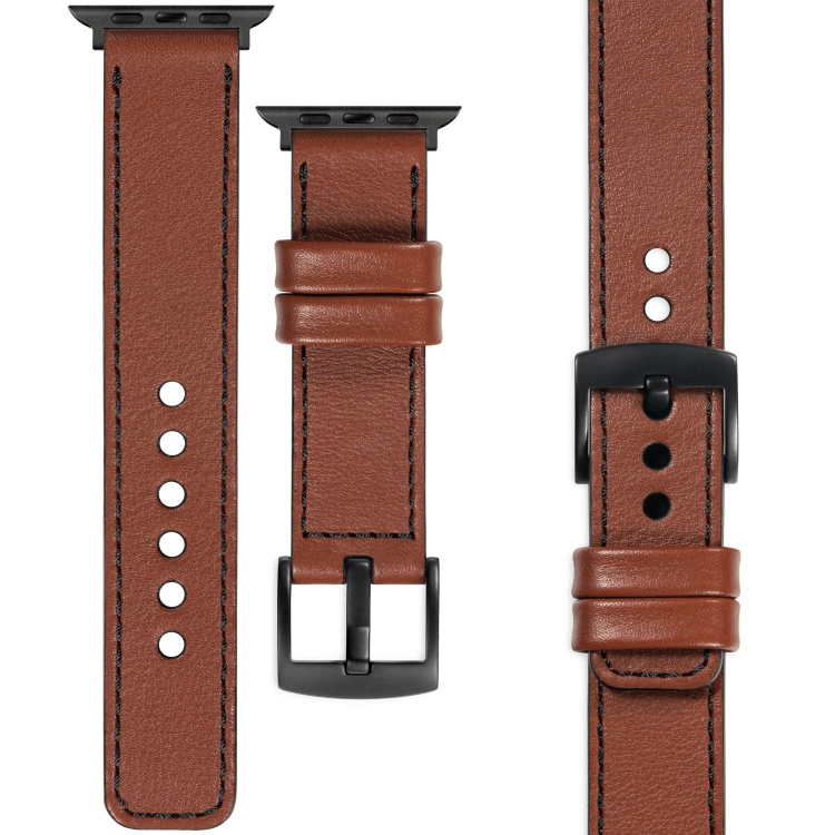 moVear Prestige C1 Skórzany pasek 24mm do Apple Watch 10 / 9 / 8 / 7 / 6 / 5 / 4 / SE (46/45/44mm) & Ultra (49mm) | Brązowy, czarne przeszycie [rozmiary XS-XXL i klamra do wyboru]