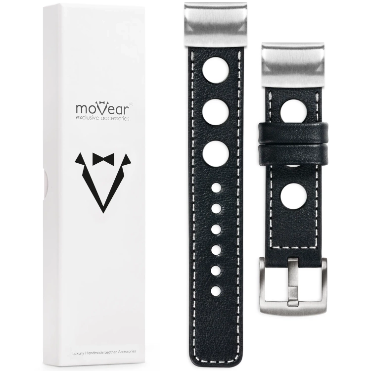 moVear Prestige R1 Skórzany pasek do Garmin QuickFit 26mm (Fenix / Epix / Quatix / Tactix / Enduro - 51mm) | Czarny, białe przeszycie [rozmiary XS-XXL i klamra do wyboru]