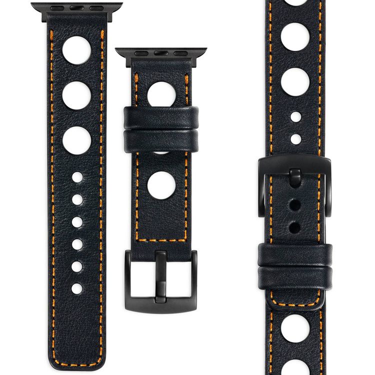 moVear Prestige R1 Skórzany pasek 20mm do Apple Watch 8 / 7 / 6 / 5 / 4 / SE (45/44mm) & Ultra (49mm) | Czarny, pomarańczowe przeszycie [rozmiar i klamra do wyboru]