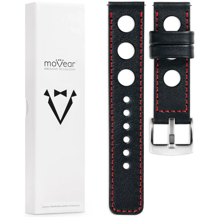 moVear Prestige R1 Skórzany pasek 26mm do zegarka | Czarny, czerwone przeszycie [rozmiary XS-XXL i klamra do wyboru]