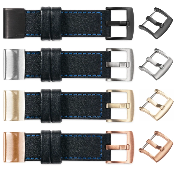 moVear Prestige C1 Skórzany pasek do Garmin QuickFit 22mm (Fenix / Forerunner / Epix / Instinct / Enduro / Quatix / MARQ - 47/45mm) | Czarny, niebieskie przeszycie [rozmiary XS-XXL i klamra do wyboru]