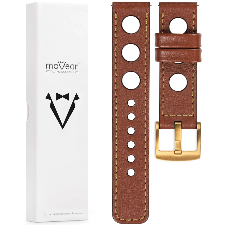 moVear Prestige R1 Skórzany pasek 20mm do zegarka | Brązowy, złote przeszycie [rozmiary XS-XXL i klamra do wyboru]