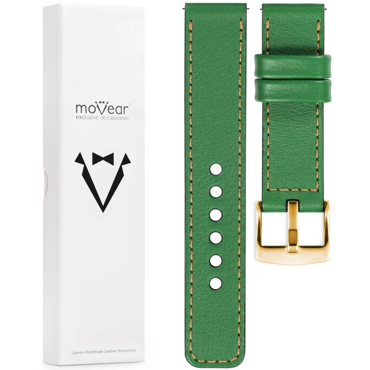 moVear Prestige C1 Skórzany pasek 20mm do zegarka | Zielony, złote przeszycie [rozmiary XS-XXL i klamra do wyboru]