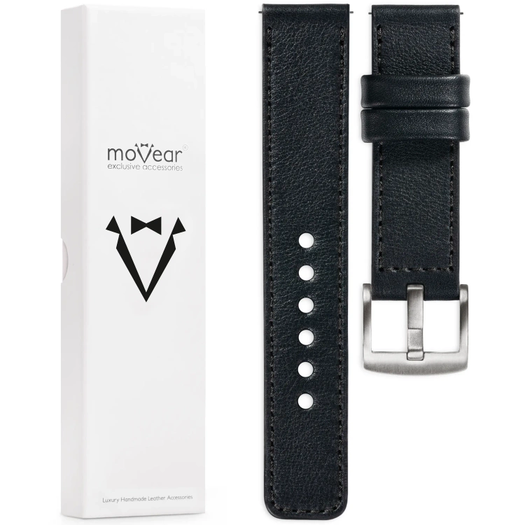 moVear Prestige C1 Skórzany pasek 20mm do zegarka | Czarny, czarne przeszycie [rozmiary XS-XXL i klamra do wyboru]