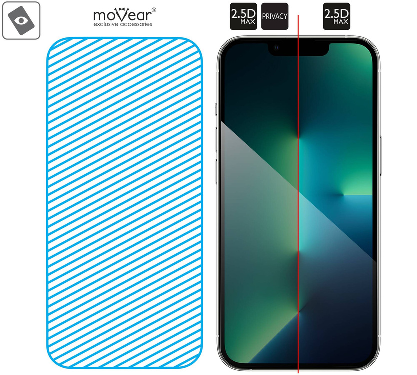 2 szt. | moVear mBOX GLASS mSHIELD 2.5D MAX privacy do Apple iPhone 16e / 14 / 13 / 13 Pro (6.1") (Anty spy, z Aplikatorem)