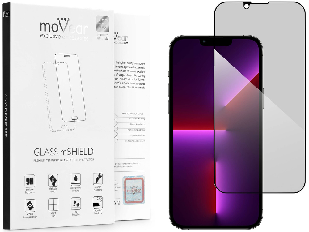 moVear GLASS mSHIELD 2.5D MAX privacy do Apple iPhone 14 Plus / 13 Pro Max (6.7") (Prywatyzujące, kompatybilne z etui)