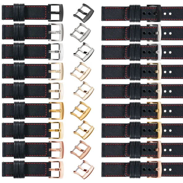 moVear Prestige C1 Skórzany pasek 20mm do Samsung Galaxy Watch 7 / 6 / 5 / 4 / 3 & Pro / FE / Classic / Active | Czarny, czerwone przeszycie [rozmiary XS-XXL i klamra do wyboru]