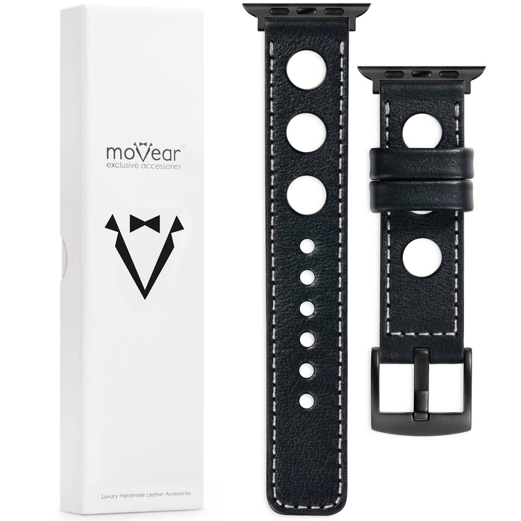 moVear Prestige R1 Skórzany pasek 20mm do Apple Watch 8 / 7 / 6 / 5 / 4 / SE (41/40mm) | Czarny, srebrne przeszycie [rozmiar i klamra do wyboru]