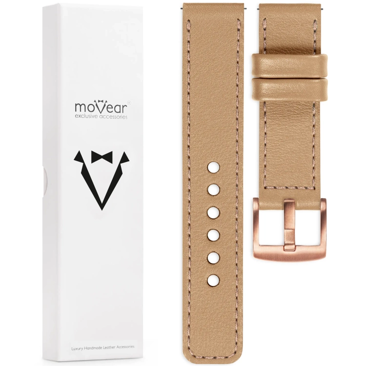 moVear Prestige C1 Skórzany pasek 20mm do Samsung Galaxy Watch 7 / 6 / 5 / 4 / 3 & Pro / FE / Classic / Active | Cappuccino, różowe złoto przeszycie [rozmiary XS-XXL i klamra do wyboru]