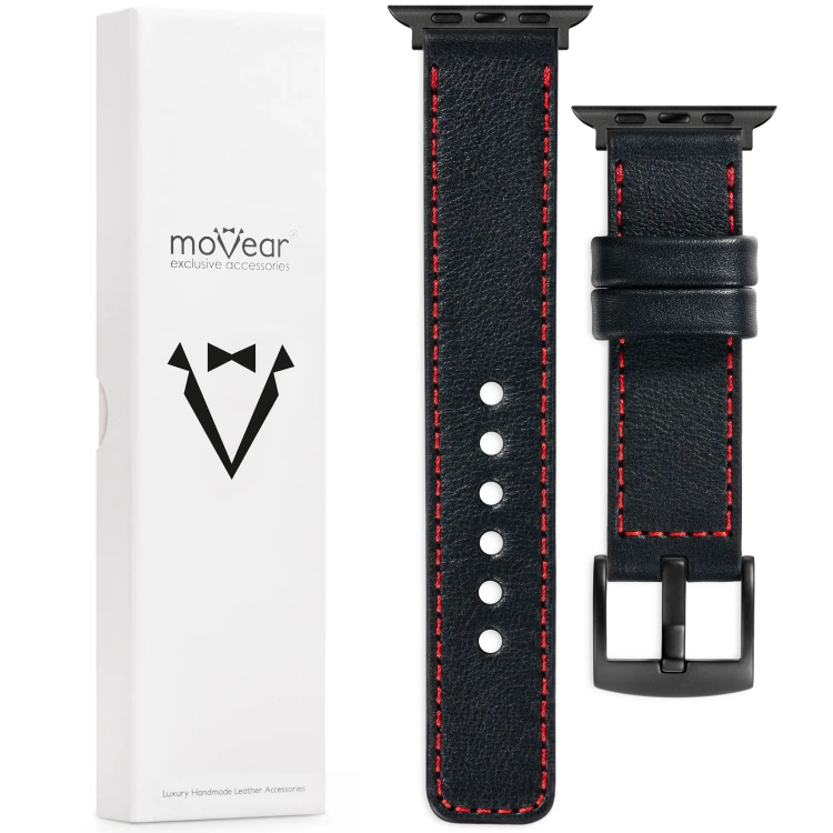 moVear Prestige C1 Skórzany pasek 22mm do Apple Watch 10 / 9 / 8 / 7 / 6 / 5 / 4 / SE (46/45/44mm) & Ultra (49mm) | Czarny, czerwone przeszycie [rozmiary XS-XXL i klamra do wyboru]