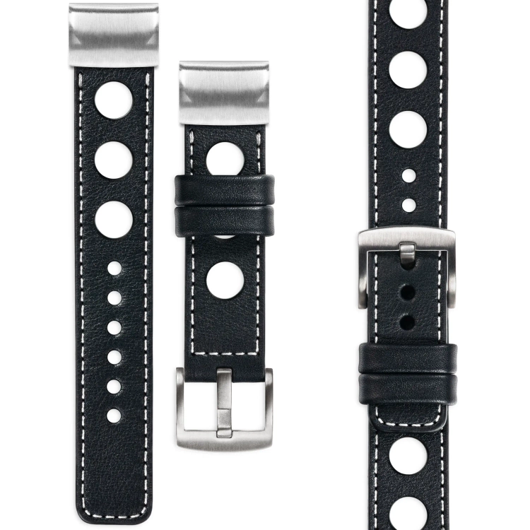 moVear Prestige R1 Skórzany pasek do Garmin QuickFit 22mm (Fenix / Forerunner / Epix / Instinct / Enduro / Quatix / MARQ - 47/45mm) | Czarny, białe przeszycie [rozmiary XS-XXL i klamra do wyboru]