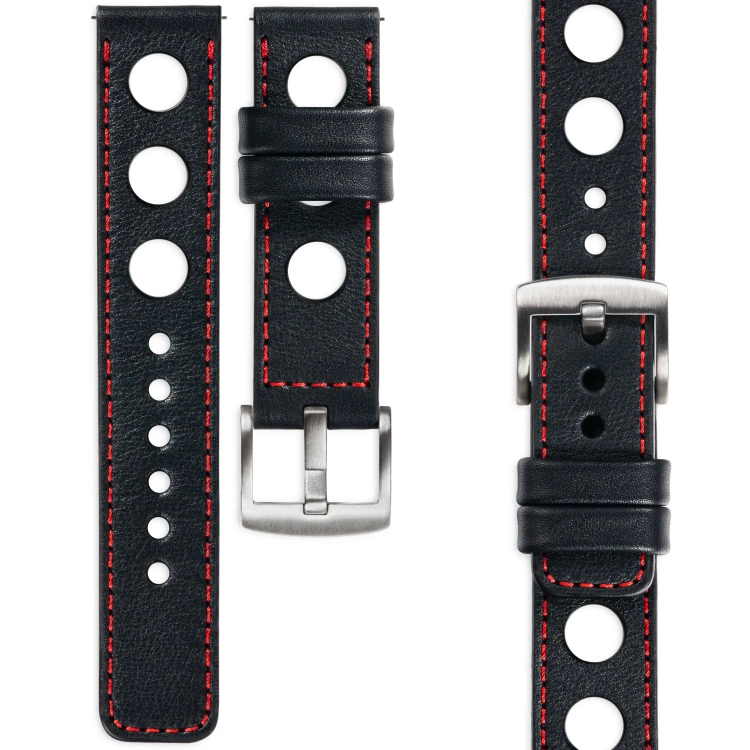 moVear Prestige R1 Skórzany pasek 18mm do zegarka | Czarny, czerwone przeszycie [rozmiary XS-XXL i klamra do wyboru]