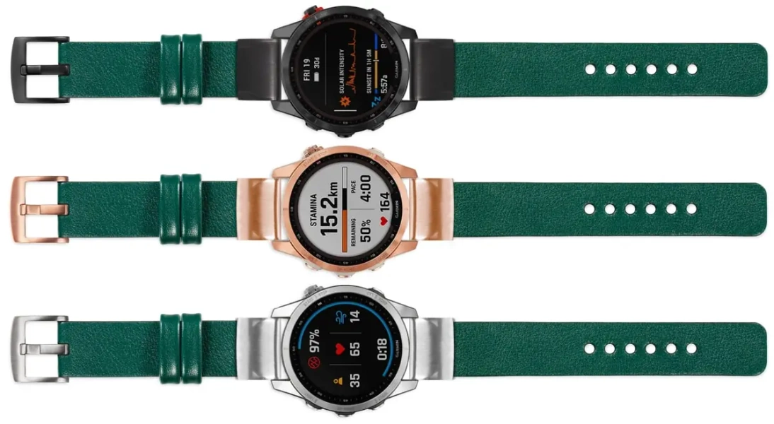moVear Prestige S1 Skórzany pasek do Garmin QuickFit 22mm (Fenix / Forerunner / Epix / Instinct / Enduro / Quatix / MARQ - 47/45mm) | Zielony butelkowy [rozmiary XS-XXL i klamra do wyboru]