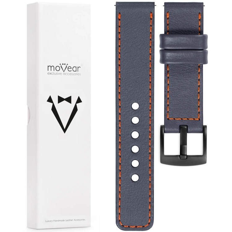 moVear Prestige C1 Skórzany pasek 20mm do zegarka | Szary stalowy, ciemnopomarańczowe przeszycie [rozmiary XS-XXL i klamra do wyboru]