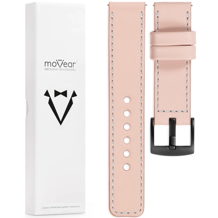 moVear Prestige C1 Skórzany pasek 20mm do Samsung Galaxy Watch 7 / 6 / 5 / 4 / 3 & Pro / FE / Classic / Active | Różowy cielisty, srebrne przeszycie [rozmiary XS-XXL i klamra do wyboru]