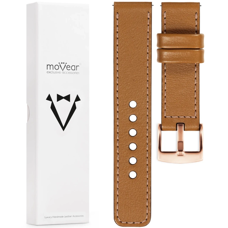 moVear Prestige C1 Skórzany pasek 20mm do zegarka | Jasnobrązowy, różowe złoto przeszycie [rozmiary XS-XXL i klamra do wyboru]