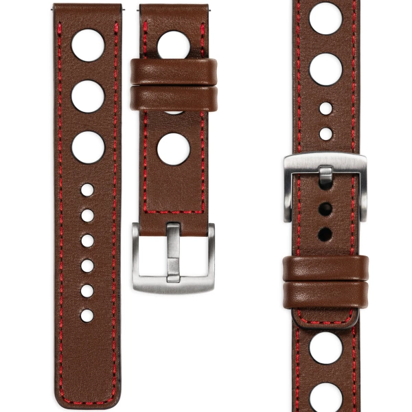 moVear Prestige R1 Skórzany pasek 20mm do Samsung Galaxy Watch 7 / 6 / 5 / 4 / 3 & Pro / FE / Classic / Active | Ciemnobrązowy, czerwone przeszycie [rozmiary XS-XXL i klamra do wyboru]