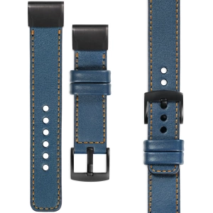 moVear Prestige C1 Skórzany pasek do Garmin QuickFit 26mm (Fenix / Epix / Quatix / Tactix / Enduro - 51mm) | Niebieski jeans, pomarańczowe przeszycie [rozmiary XS-XXL i klamra do wyboru]