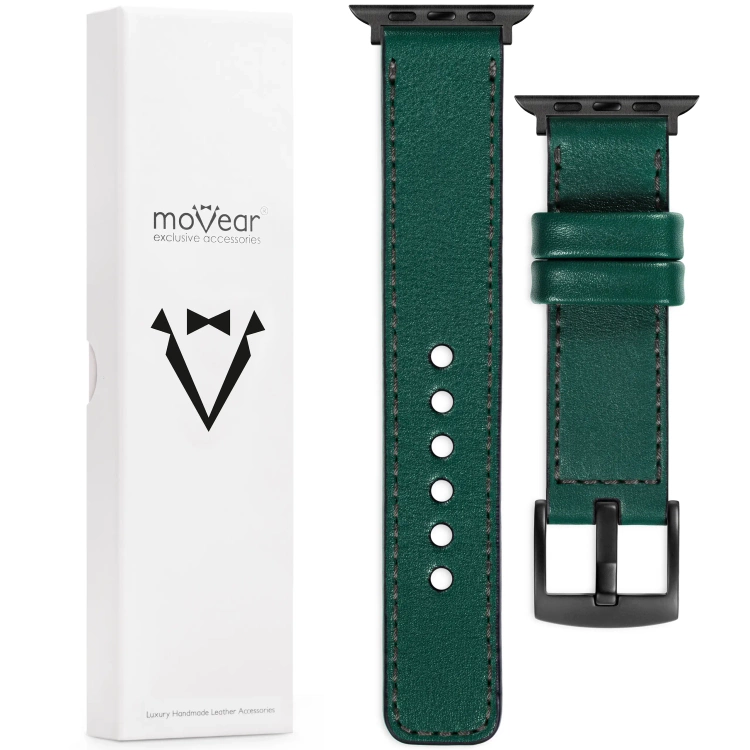 moVear Prestige C1 Skórzany pasek 22mm do Apple Watch 10 / 9 / 8 / 7 / 6 / 5 / 4 / SE (46/45/44mm) & Ultra (49mm) | Zielony butelkowy, grafitowe przeszycie [rozmiary XS-XXL i klamra do wyboru]
