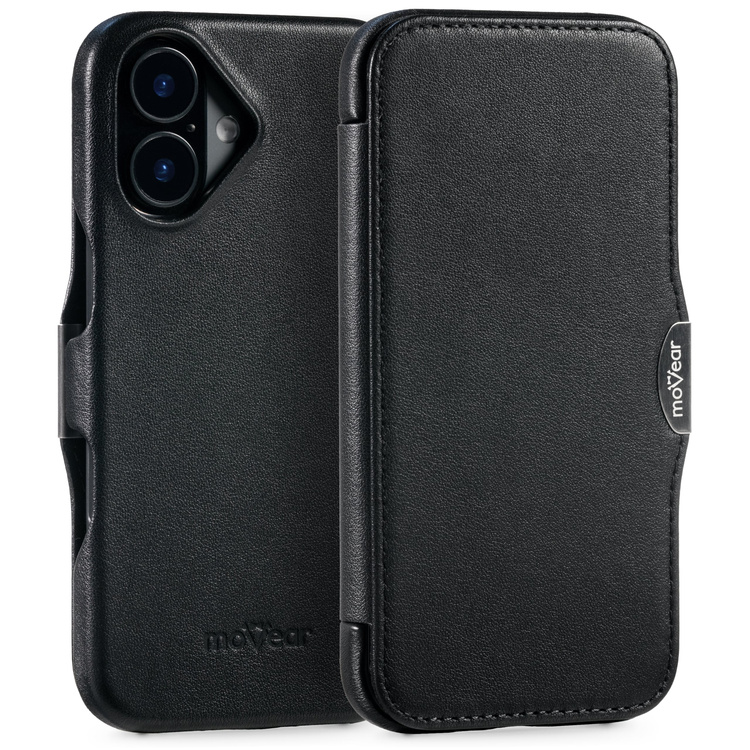 moVear flipSide 4C skórzane etui do Apple iPhone 16 (6.1") | Skóra naturalna gładka (Czarna)