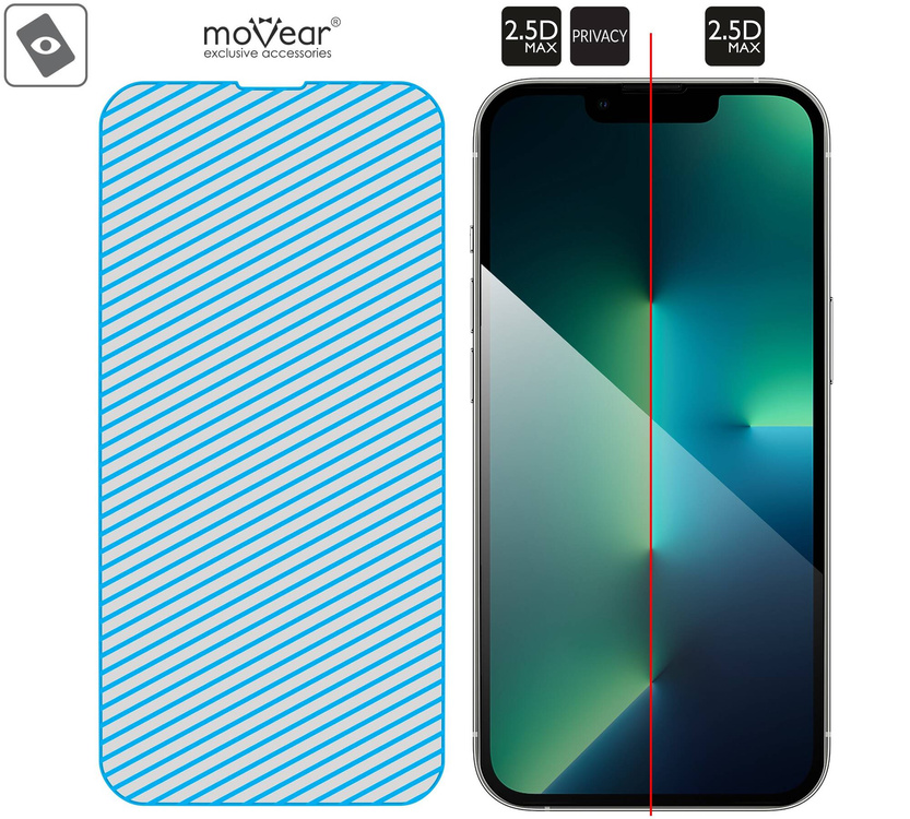 moVear GLASS mSHIELD 2.5D MAX privacy do Apple iPhone 16e / 14 / 13 / 13 Pro (6.1") (Prywatyzujące, kompatybilne z etui)