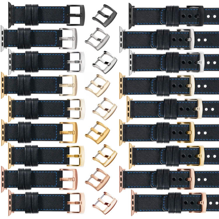moVear Prestige C1 Skórzany pasek 22mm do Apple Watch 10 / 9 / 8 / 7 / 6 / 5 / 4 / SE (46/45/44mm) & Ultra (49mm) | Czarny, niebieskie przeszycie [rozmiary XS-XXL i klamra do wyboru]