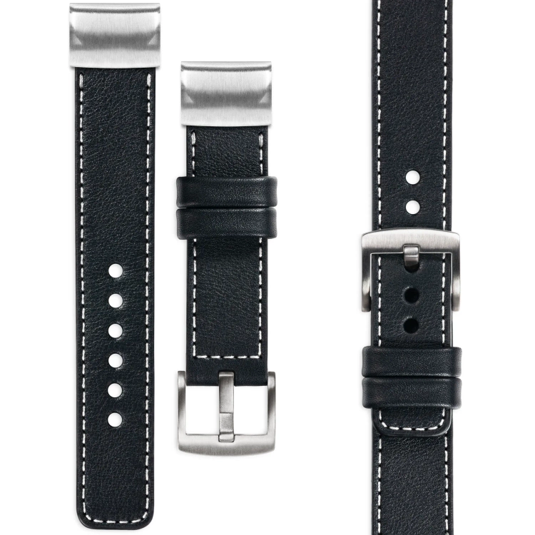 moVear Prestige C1 Skórzany pasek do Garmin QuickFit 22mm (Fenix / Forerunner / Epix / Instinct / Enduro / Quatix / MARQ - 47/45mm) | Czarny, białe przeszycie [rozmiary XS-XXL i klamra do wyboru]