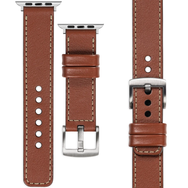moVear Prestige C1 Skórzany pasek 22mm do Apple Watch 10 / 9 / 8 / 7 / 6 / 5 / 4 / SE (42/41/40mm) | Brązowy, kremowe przeszycie [rozmiary XS-XXL i klamra do wyboru]