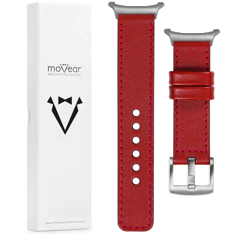 moVear Prestige C1 Skórzany pasek 22mm do Samsung Galaxy Watch Ultra | Czerwony szkarłatny, czerwone przeszycie [rozmiary XS-XXL i klamra do wyboru]