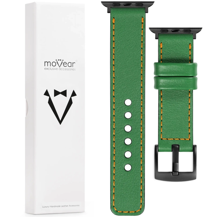 moVear Prestige C1 Skórzany pasek 22mm do Apple Watch 10 / 9 / 8 / 7 / 6 / 5 / 4 / SE (46/45/44mm) & Ultra (49mm) | Zielony, pomarańczowe przeszycie [rozmiary XS-XXL i klamra do wyboru]