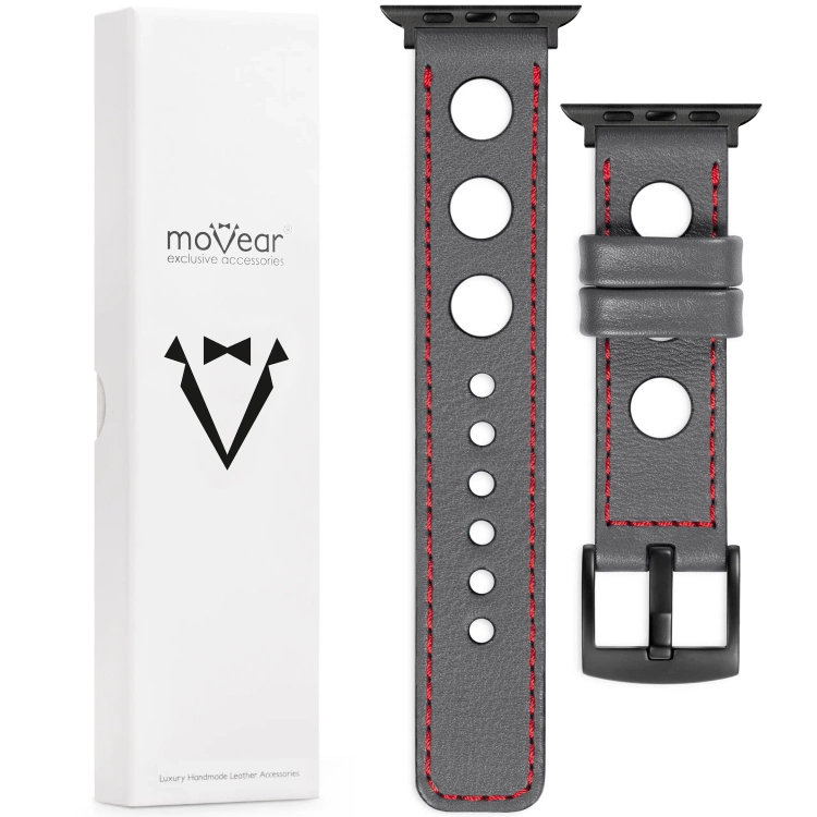 moVear Prestige R1 Skórzany pasek 24mm do Apple Watch 10 / 9 / 8 / 7 / 6 / 5 / 4 / SE (46/45/44mm) & Ultra (49mm) | Szary, czerwone przeszycie [rozmiary XS-XXL i klamra do wyboru]
