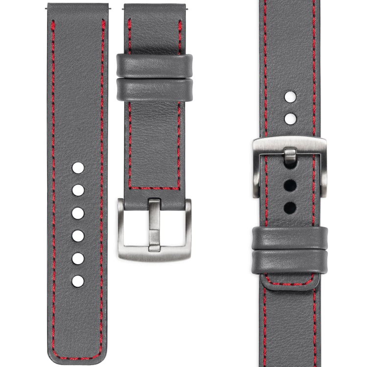 moVear Prestige C1 Skórzany pasek 20mm do zegarka | Szary, czerwone przeszycie [rozmiary XS-XXL i klamra do wyboru]