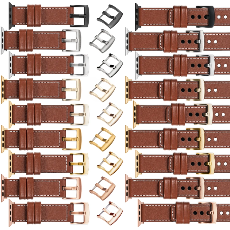 moVear Prestige C1 Skórzany pasek 24mm do Apple Watch 10 / 9 / 8 / 7 / 6 / 5 / 4 / SE (46/45/44mm) & Ultra (49mm) | Brązowy, białe przeszycie [rozmiary XS-XXL i klamra do wyboru]
