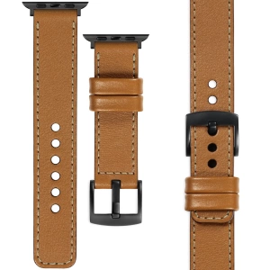 moVear Prestige C1 Skórzany pasek 22mm do Apple Watch 10 / 9 / 8 / 7 / 6 / 5 / 4 / SE (46/45/44mm) & Ultra (49mm) | Jasnobrązowy, kremowe przeszycie [rozmiary XS-XXL i klamra do wyboru]