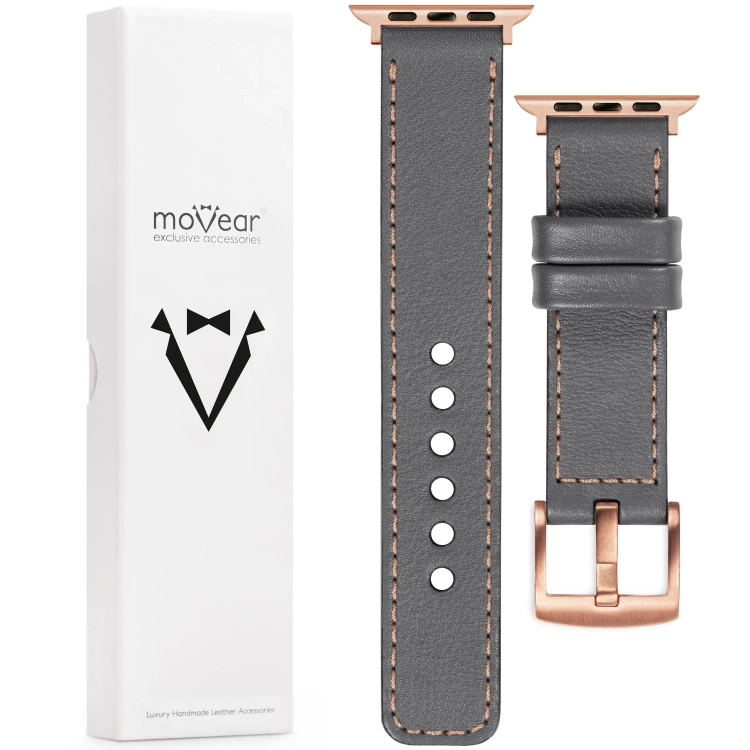 moVear Prestige C1 Skórzany pasek 22mm do Apple Watch 10 / 9 / 8 / 7 / 6 / 5 / 4 / SE (46/45/44mm) & Ultra (49mm) | Szary, różowe złoto przeszycie [rozmiary XS-XXL i klamra do wyboru]