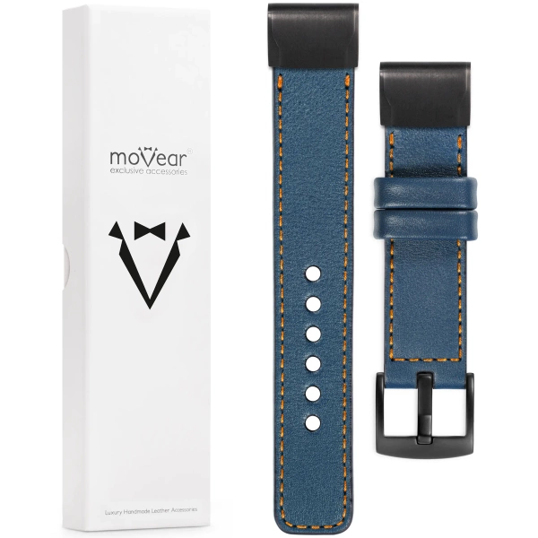 moVear Prestige C1 Skórzany pasek do Garmin QuickFit 26mm (Fenix / Epix / Quatix / Tactix / Enduro - 51mm) | Niebieski jeans, pomarańczowe przeszycie [rozmiary XS-XXL i klamra do wyboru]