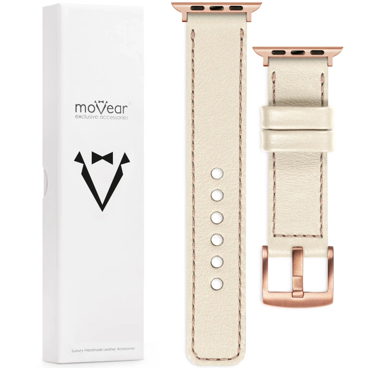 moVear Prestige C1 Skórzany pasek 22mm do Apple Watch 10 / 9 / 8 / 7 / 6 / 5 / 4 / SE (42/41/40mm) | Beżowy, różowe złoto przeszycie [rozmiary XS-XXL i klamra do wyboru]