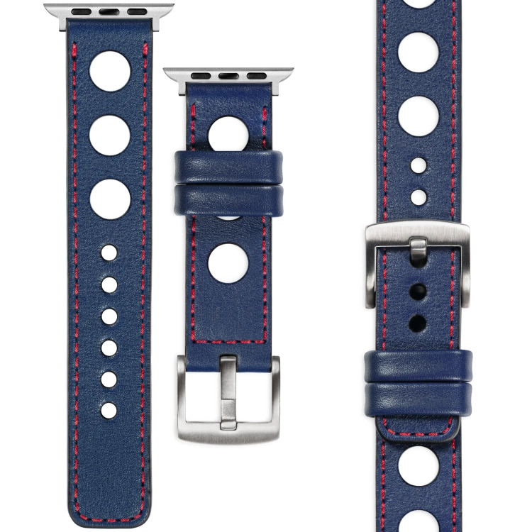 moVear Prestige R1 Skórzany pasek 24mm do Apple Watch 10 / 9 / 8 / 7 / 6 / 5 / 4 / SE (46/45/44mm) & Ultra (49mm) | Granatowy, czerwone przeszycie [rozmiary XS-XXL i klamra do wyboru]