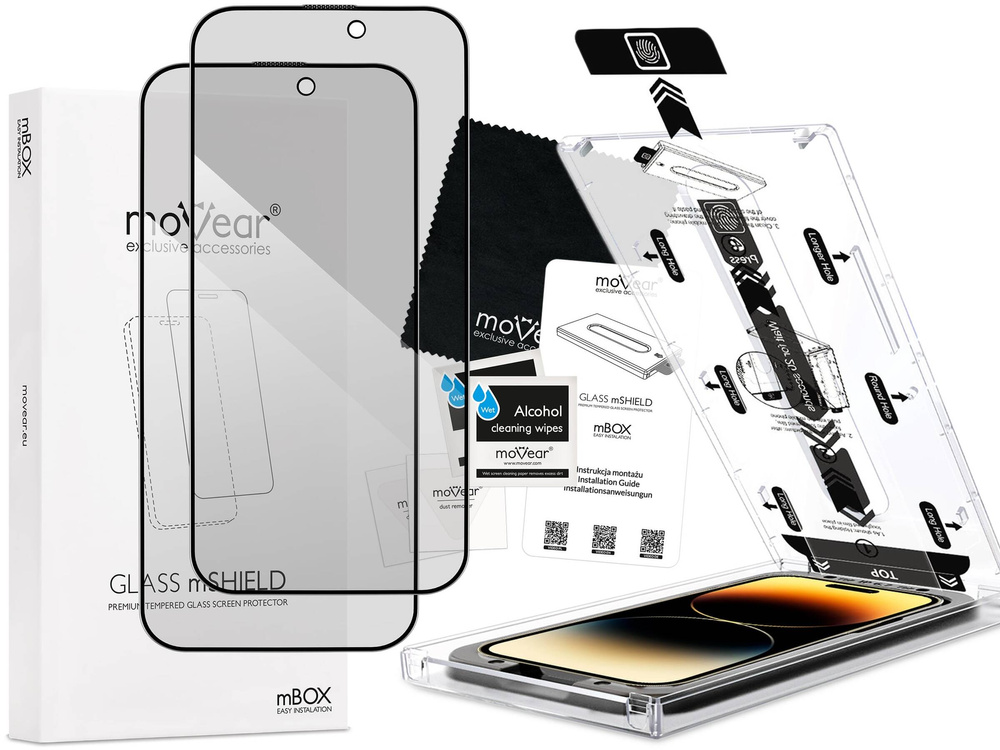 2 szt. | moVear mBOX GLASS mSHIELD 2.5D MAX privacy do Apple iPhone 14 Pro (6.1") (Anty spy, z Aplikatorem)