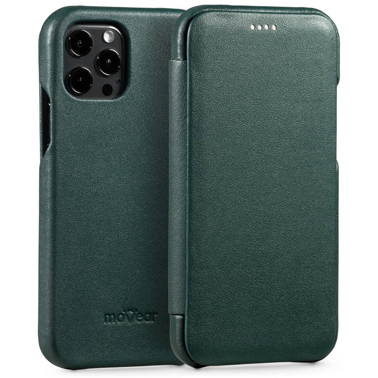 moVear flipSide S skórzane etui do Apple iPhone 12 Pro / 12 (6.1") | Skóra naturalna nappa (Zielona butelkowa)