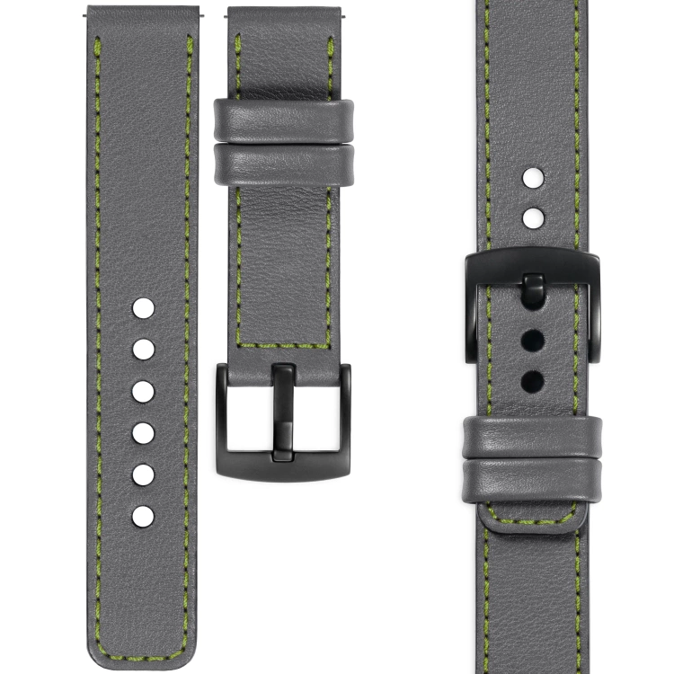 moVear Prestige C1 Skórzany pasek 20mm do zegarka | Szary, limonkowe przeszycie [rozmiary XS-XXL i klamra do wyboru]