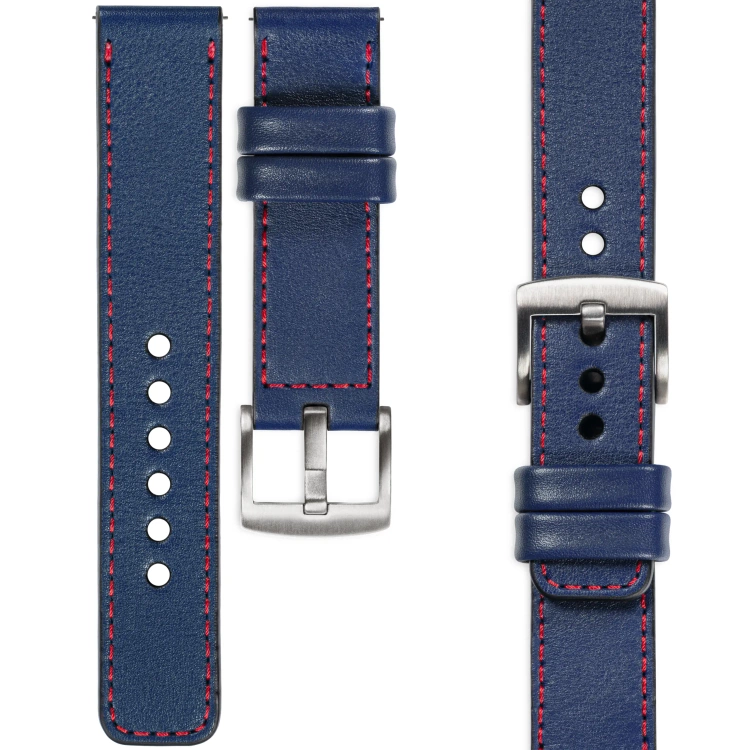 moVear Prestige C1 Skórzany pasek 22mm do Samsung Galaxy Watch 3 (45mm) / Watch (46mm) / Gear S3 | Granatowy, czerwone przeszycie [rozmiary XS-XXL i klamra do wyboru]