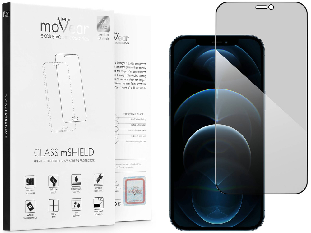 moVear GLASS mSHIELD 2.5D MAX privacy do Apple iPhone 12 Pro Max (6.7") (Prywatyzujące, kompatybilne z etui)