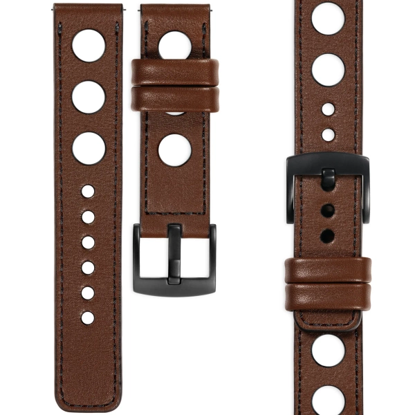 moVear Prestige R1 Skórzany pasek 20mm do Samsung Galaxy Watch 7 / 6 / 5 / 4 / 3 & Pro / FE / Classic / Active | Ciemnobrązowy, czarne przeszycie [rozmiary XS-XXL i klamra do wyboru]